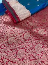 Peacock Blue Handloom Katan Benarasi Saree with Red Border - Festive - Saree - Aakritee - S10664